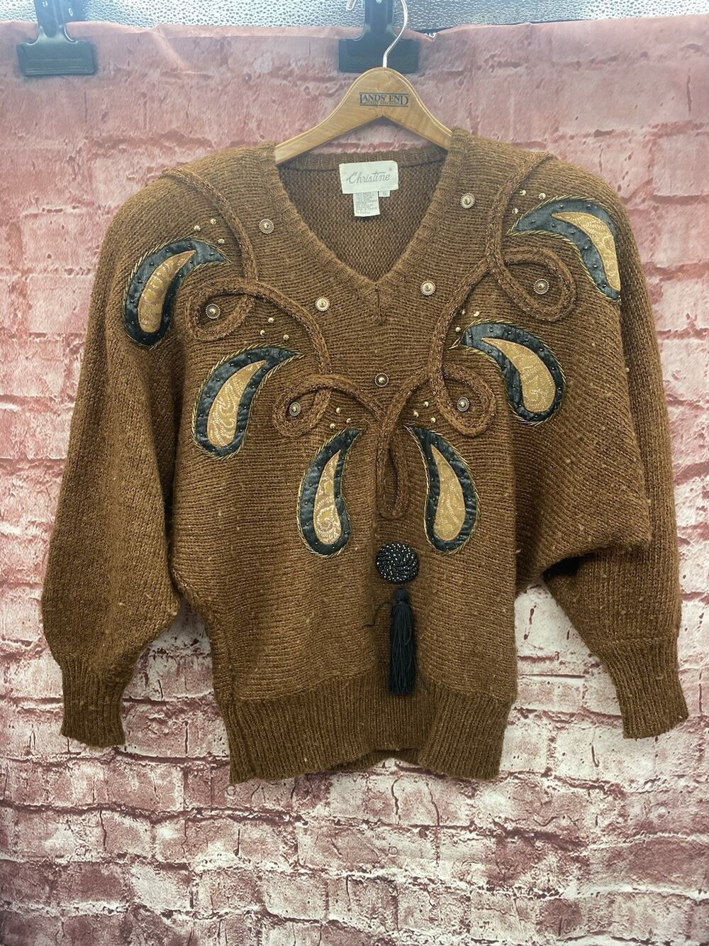 Vintage CHRISTINE Sweater Brown Knit Sz Small Synthetic Leather